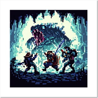 A group of adventurers fighting a monster in a cave pixel art Posters and Art